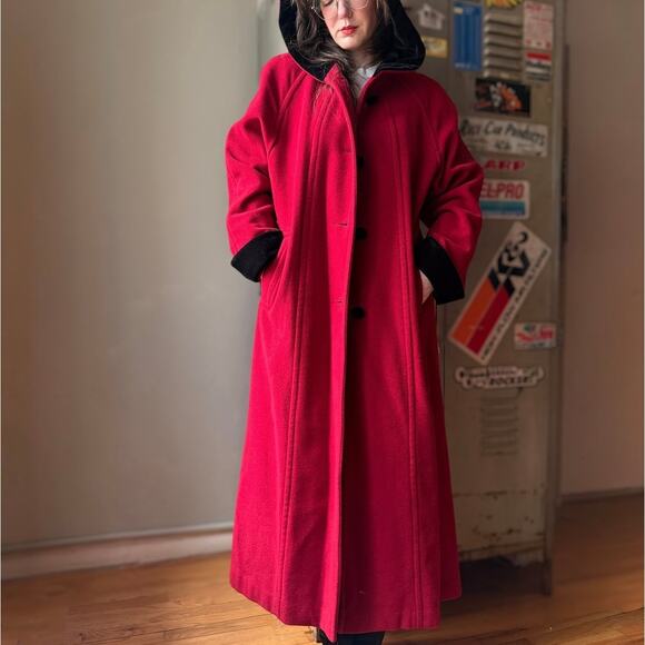 Vintage 90s Halston Hooded Wool Coat | Cherry Red Velvet Trim | Size 8 - Picture 2 of 14